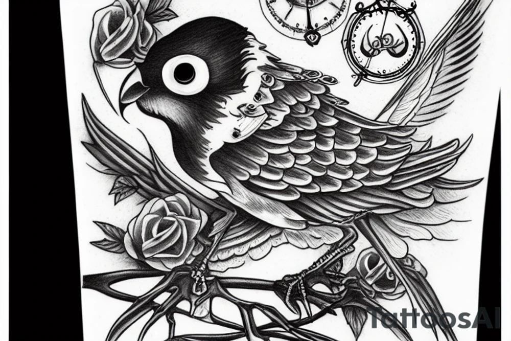 Bird in skeleton with red eyes tattoo idea