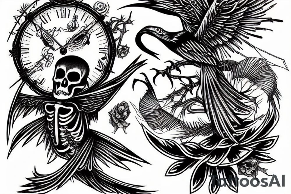 Bird in skeleton with red eyes tattoo idea