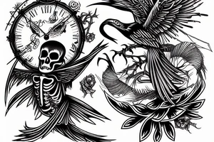 Bird in skeleton with red eyes tattoo idea