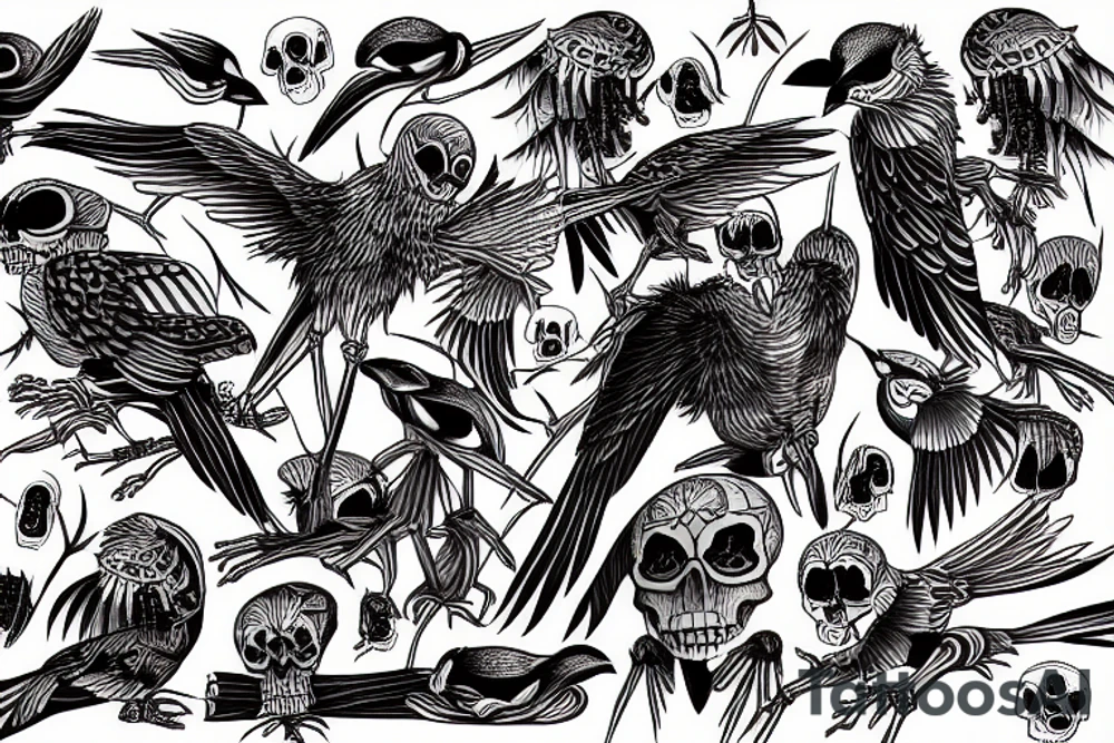 Bird in skeleton with red eyes tattoo idea