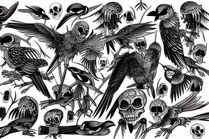 Bird in skeleton with red eyes tattoo idea