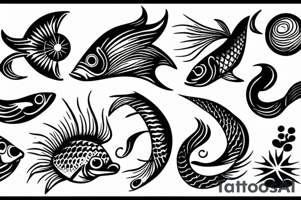 Fish , waves and sun tattoo idea