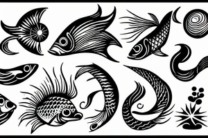 Fish , waves and sun tattoo idea