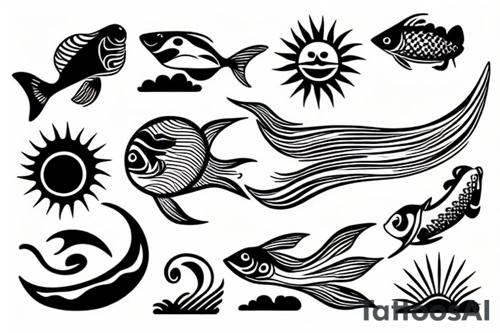 Fish , waves and sun tattoo idea