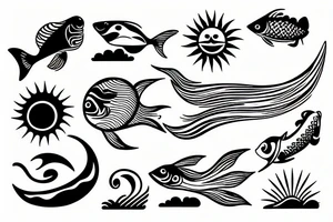 Fish , waves and sun tattoo idea