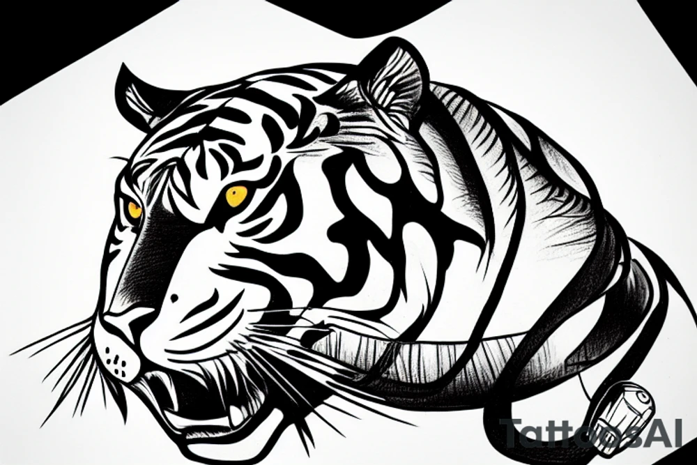 Tiger in Japanese helmet with brush in paw’s tattoo idea