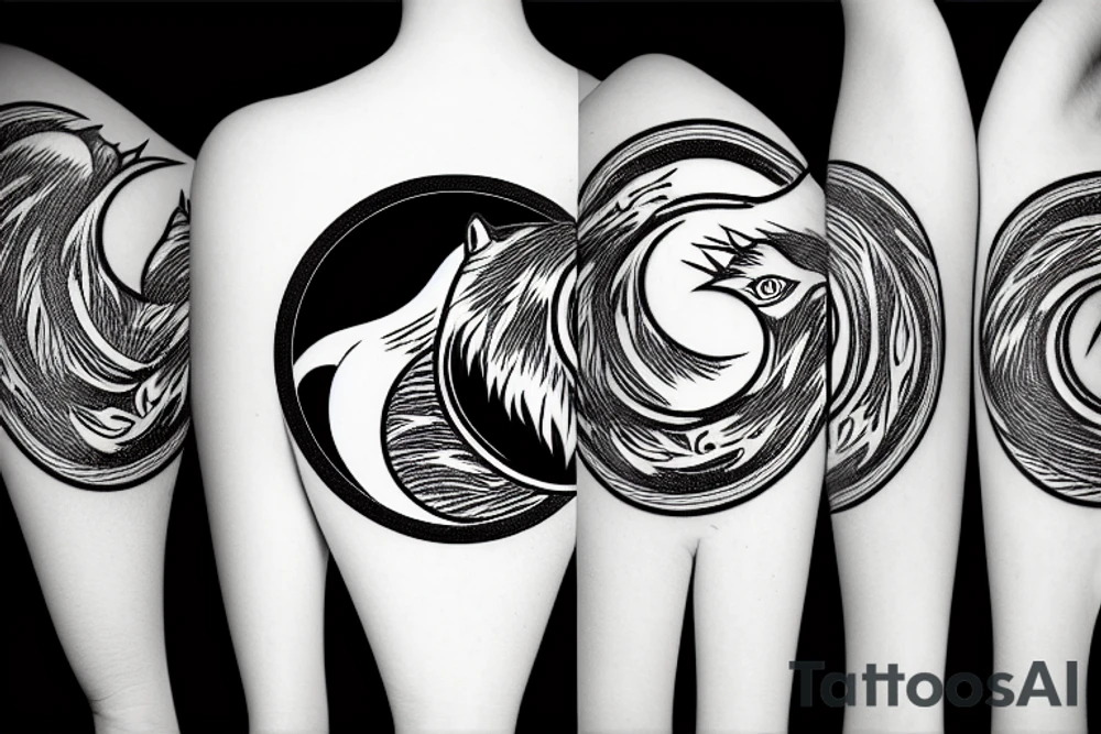 Wolf silhouette with Ying-yang moon and desert in the background tattoo idea
