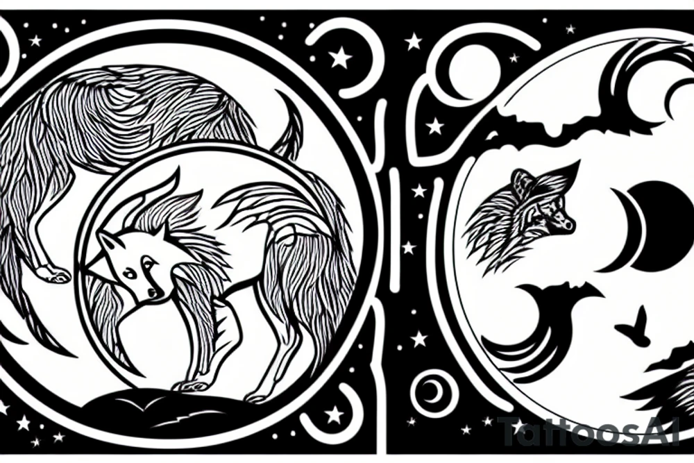 Wolf silhouette with Ying-yang moon and desert in the background tattoo idea