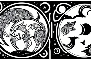 Wolf silhouette with Ying-yang moon and desert in the background tattoo idea