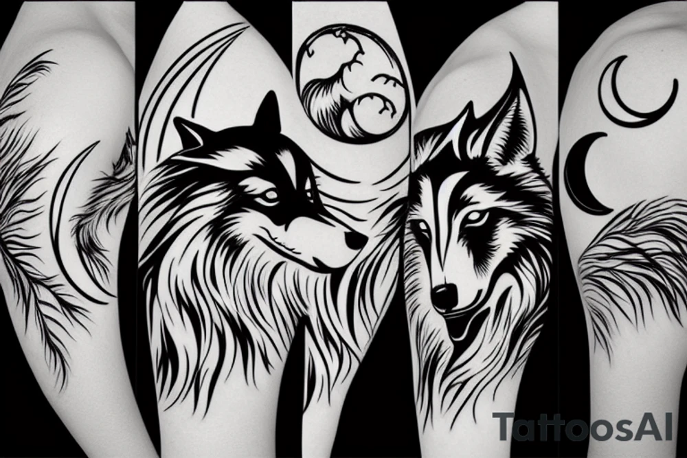 Wolf silhouette with Ying-yang moon and desert in the background tattoo idea