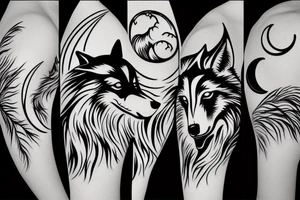 Wolf silhouette with Ying-yang moon and desert in the background tattoo idea