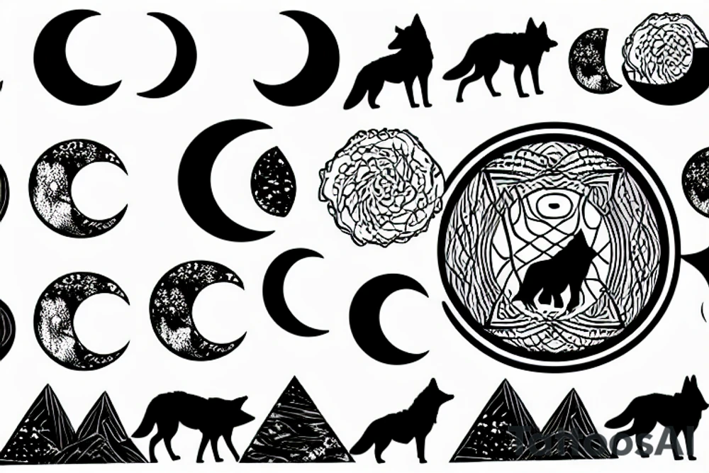 Wolf silhouette with Ying-yang moon and desert in the background tattoo idea