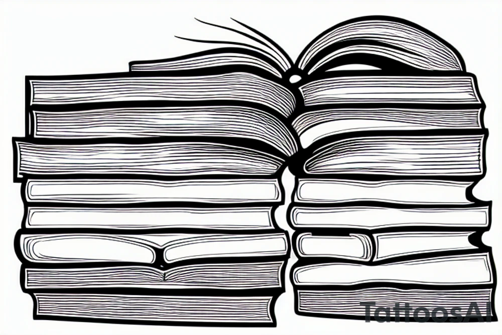 pile of books with an open book burning slowly tattoo idea