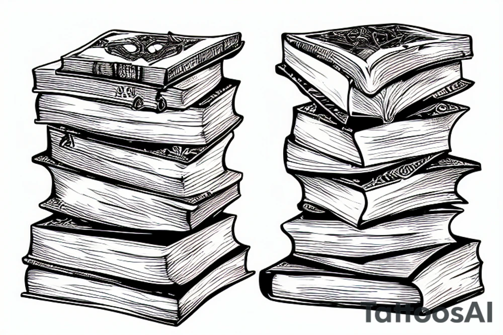 pile of books with an open book burning slowly tattoo idea