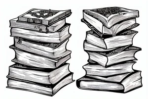 pile of books with an open book burning slowly tattoo idea