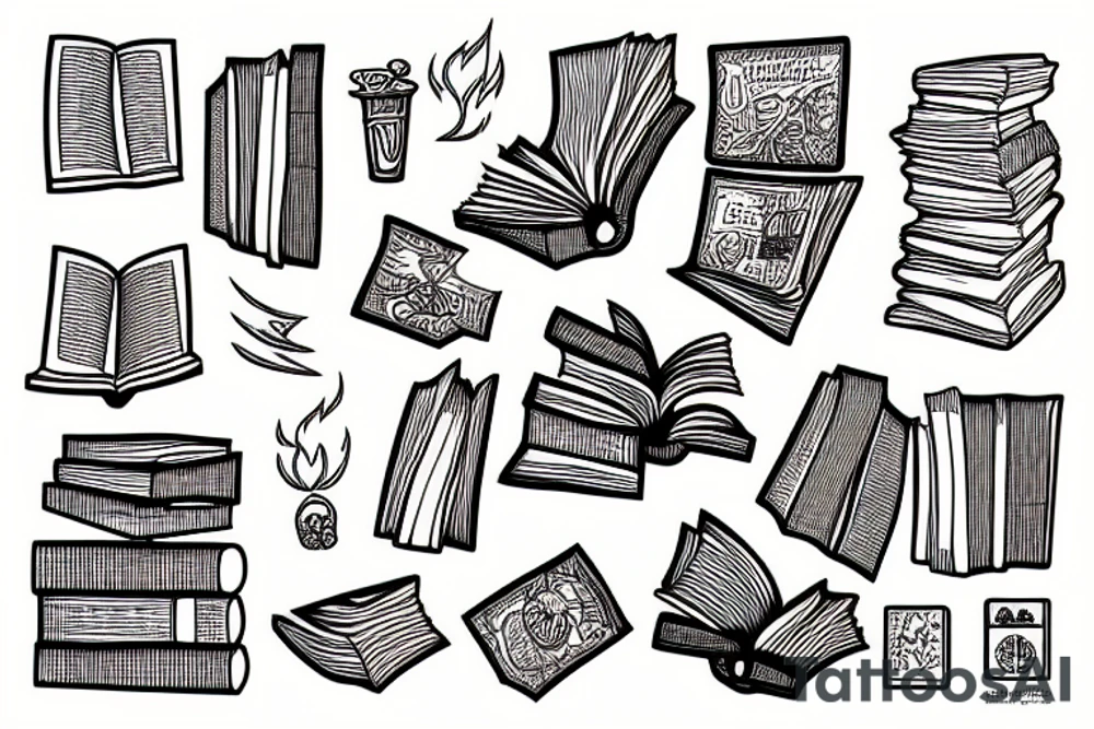 one pile of books with an open book on top in flames tattoo idea