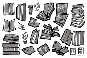 one pile of books with an open book on top in flames tattoo idea