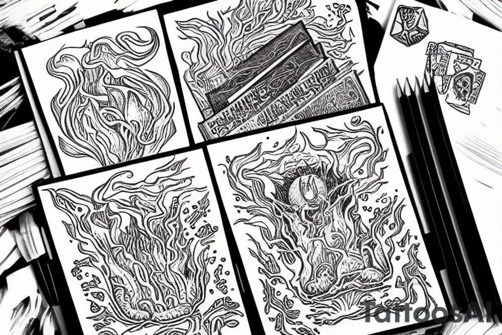 one pile of books with an open book on top in flames tattoo idea