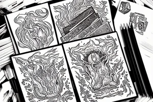one pile of books with an open book on top in flames tattoo idea
