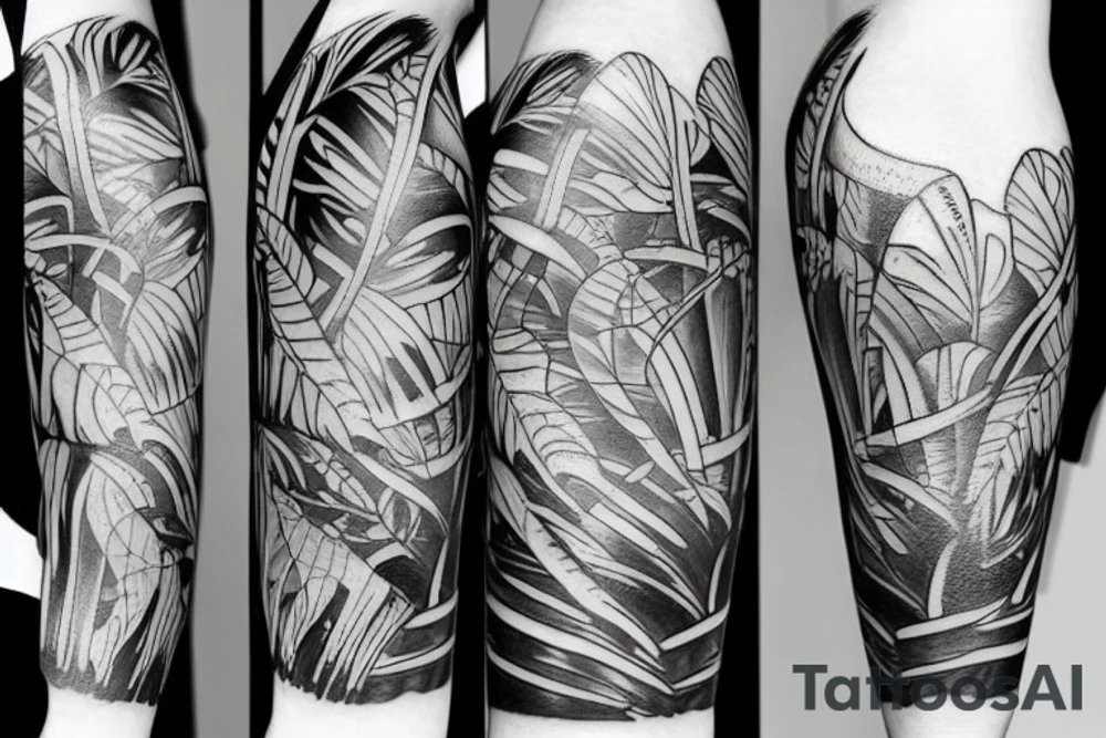 A large tattoo that looks like a jungle, but also looks like abstract art. tattoo idea