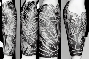 A large tattoo that looks like a jungle, but also looks like abstract art. tattoo idea