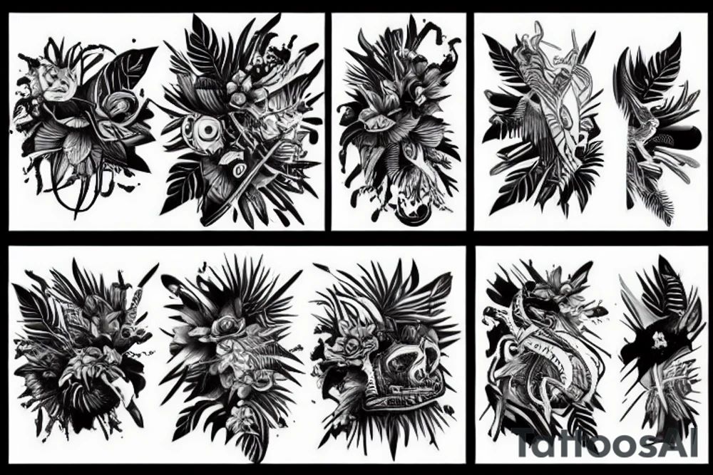 A large tattoo that looks like a jungle, but also looks like abstract art. tattoo idea