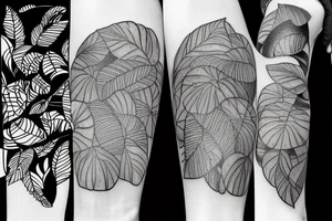 A large tattoo that looks like a jungle, but also looks like abstract art. tattoo idea