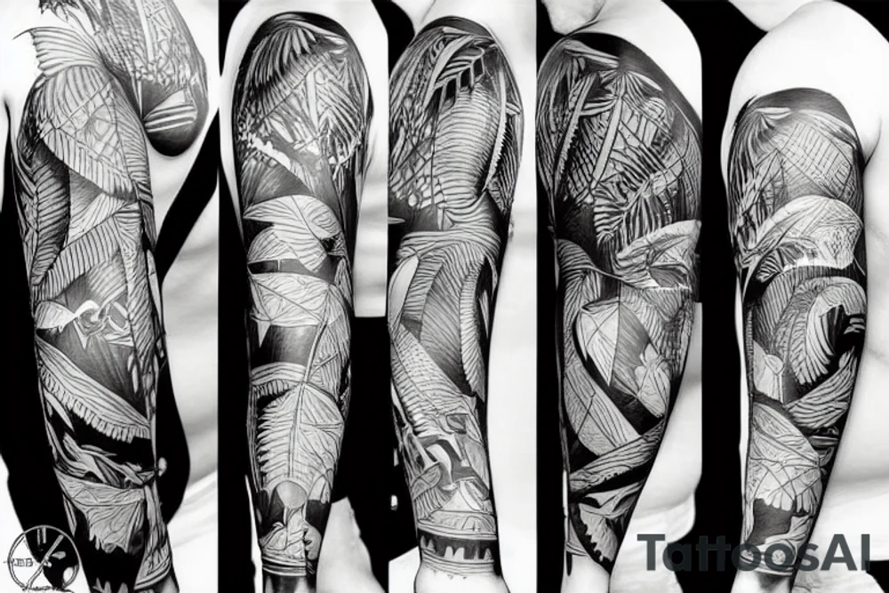 A large tattoo that looks like a jungle, but also looks like abstract art. tattoo idea