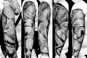 A large tattoo that looks like a jungle, but also looks like abstract art. tattoo idea