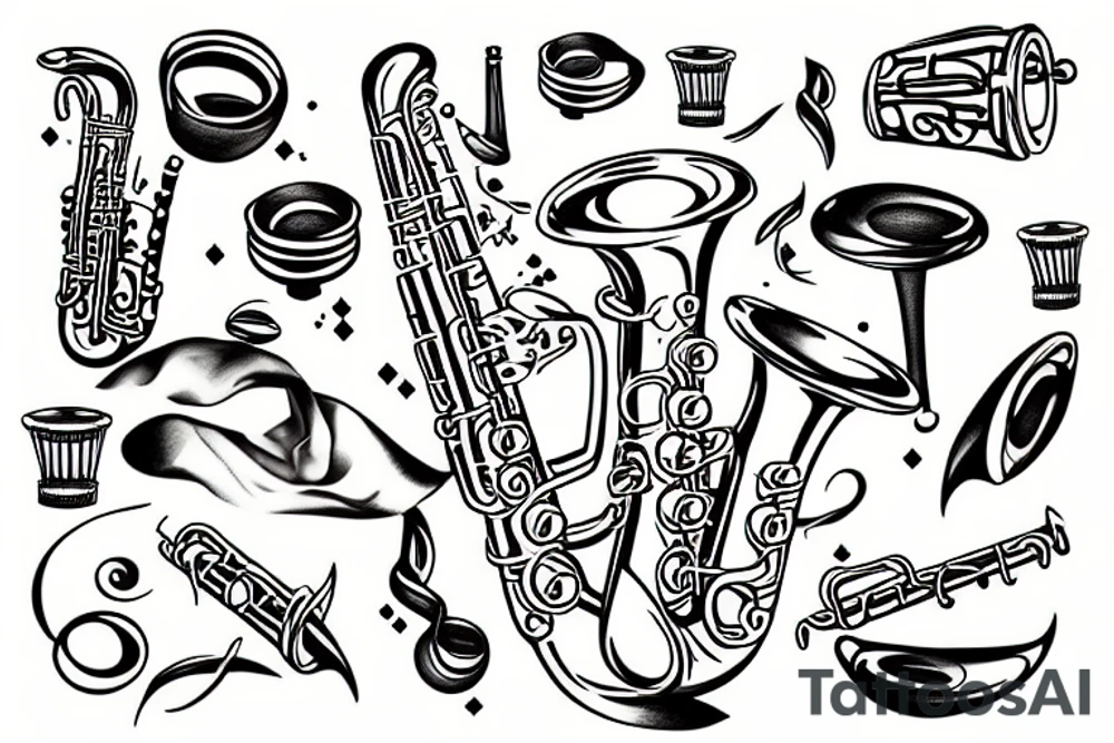Flute saxophone drum tattoo idea