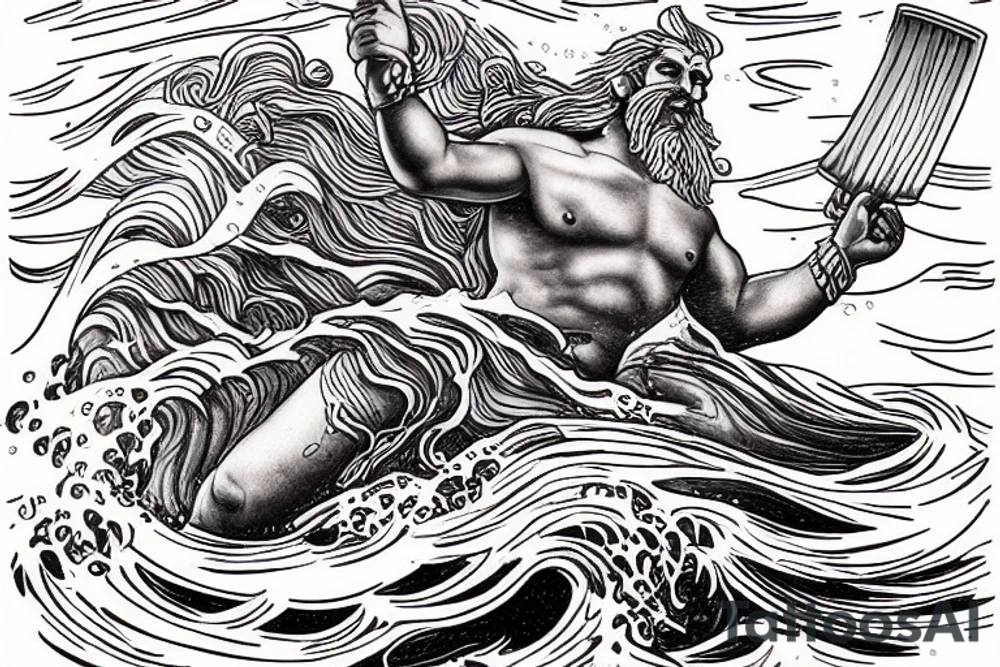 poseidon god coming out of the waves with a triden in hand. It is raining and there is lightning tattoo idea