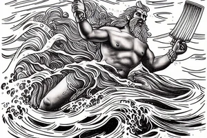 poseidon god coming out of the waves with a triden in hand. It is raining and there is lightning tattoo idea