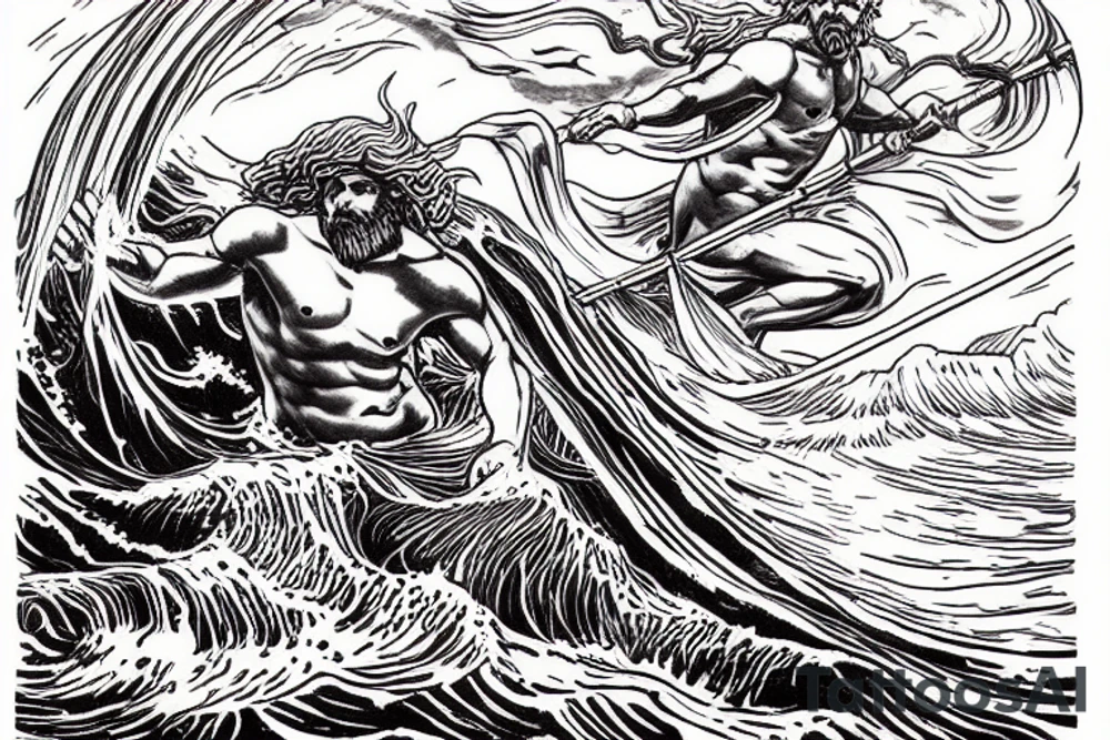 poseidon god coming out of the waves with a triden in hand. It is raining and there is lightning tattoo idea