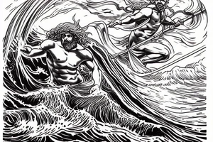 poseidon god coming out of the waves with a triden in hand. It is raining and there is lightning tattoo idea