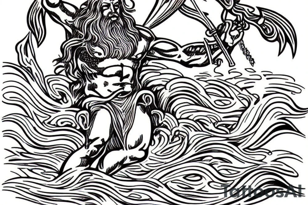 poseidon god coming out of the waves with a trident in hand. tattoo idea