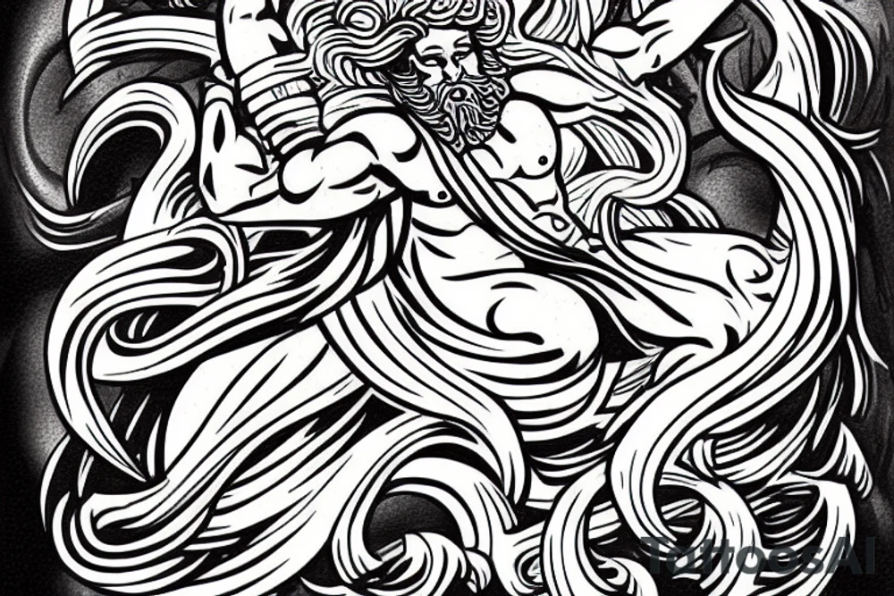 poseidon god coming out of the waves with a trident in hand. tattoo idea
