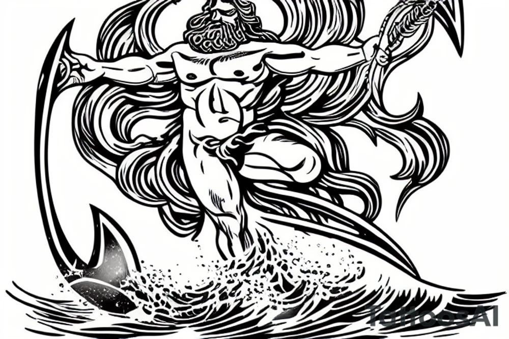 poseidon god coming out of the waves with a trident in hand. tattoo idea