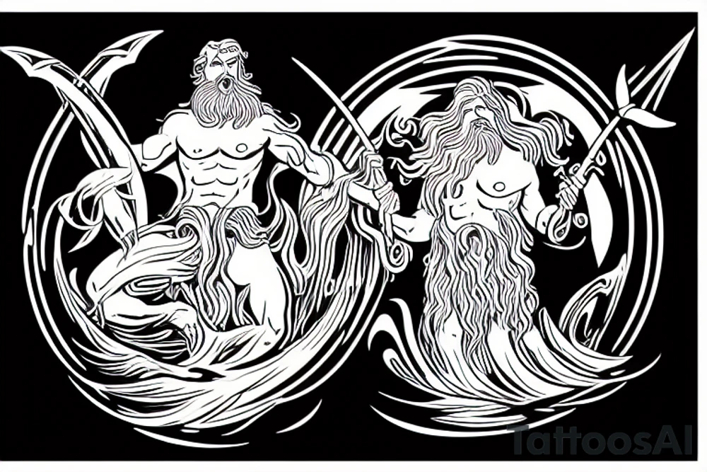 poseidon god coming out of the waves with a trident in hand. tattoo idea