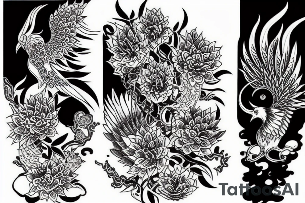 Pheonix with lotuses and ivies tattoo idea