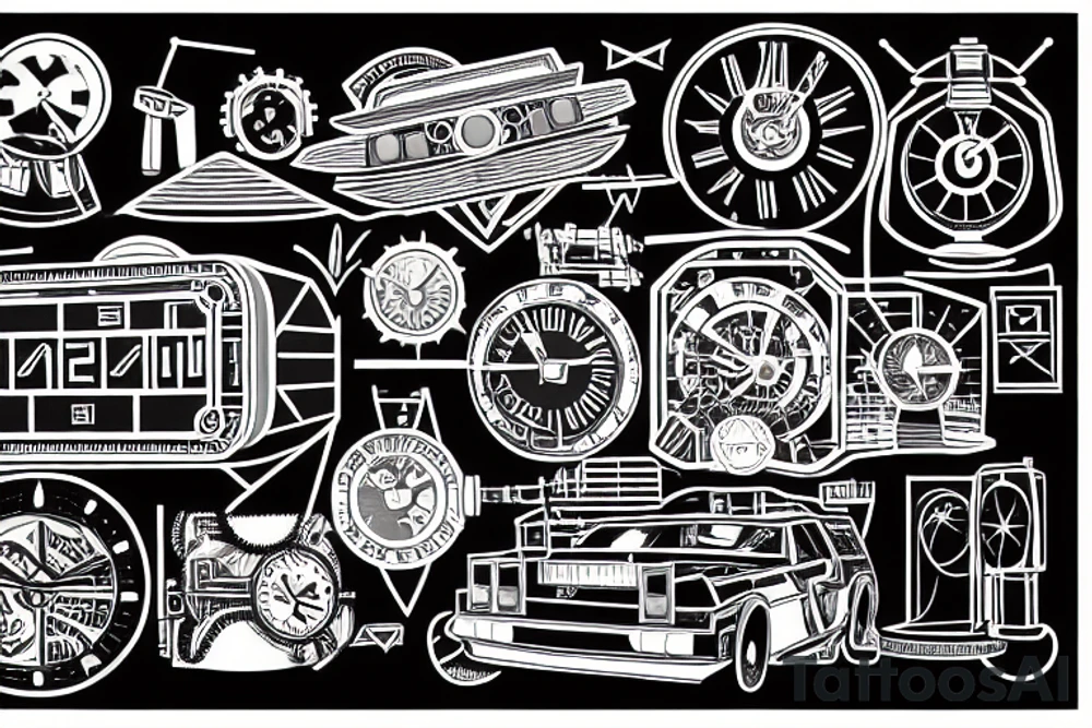 A time machine from back to the future movie, with a sand clock in the background, made in lines. tattoo idea