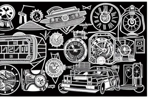 A time machine from back to the future movie, with a sand clock in the background, made in lines. tattoo idea