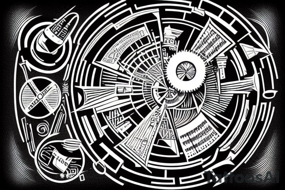 A time machine from back to the future movie, with a sand clock in the background, made in lines. tattoo idea