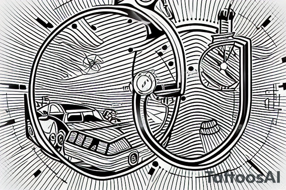 A time machine from back to the future movie, with a sand clock in the background, made in lines. tattoo idea