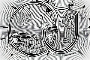 A time machine from back to the future movie, with a sand clock in the background, made in lines. tattoo idea