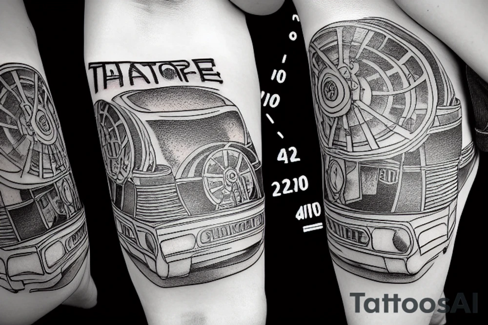 A time machine from back to the future movie, with a sand clock in the background, made in lines. tattoo idea