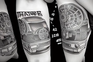 A time machine from back to the future movie, with a sand clock in the background, made in lines. tattoo idea