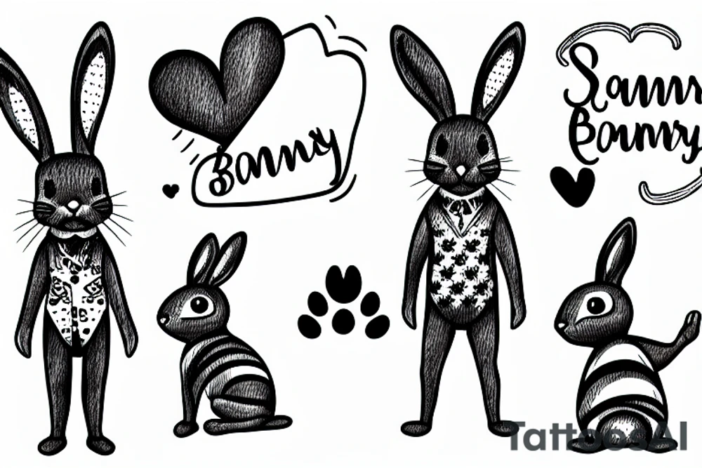 Smiling bunny standing on two legs with one paw on his heart and the other in the air tattoo idea