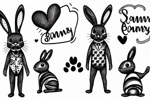 Smiling bunny standing on two legs with one paw on his heart and the other in the air tattoo idea