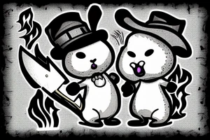 Frowning bunny with a knife on his left hand and a hat on fire tattoo idea