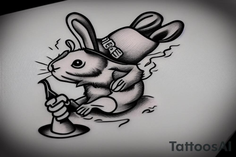 Frowning bunny with a knife on his left hand and a hat on fire tattoo idea